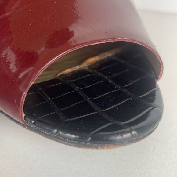 Pour La Victoire Lea Dark Cherry Patent Leather Curved Heel Ankle Bootie Sandal - Picture 12 of 14